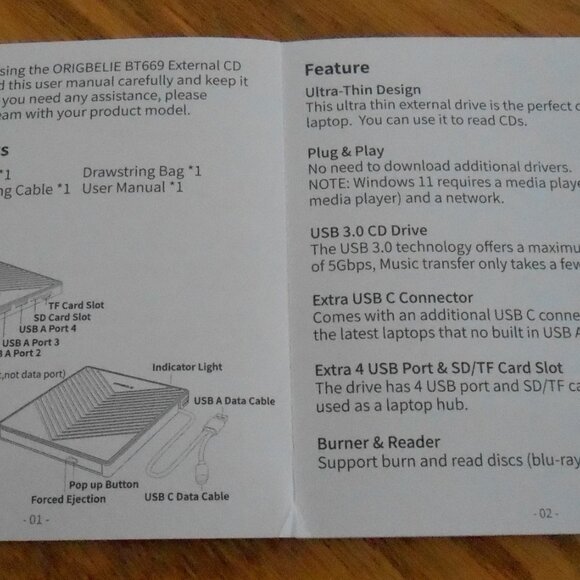External CD/DVD Player With Hard Case, Carry Bag, USB C Cable-NIB-Top Teck - Picture 4 of 7